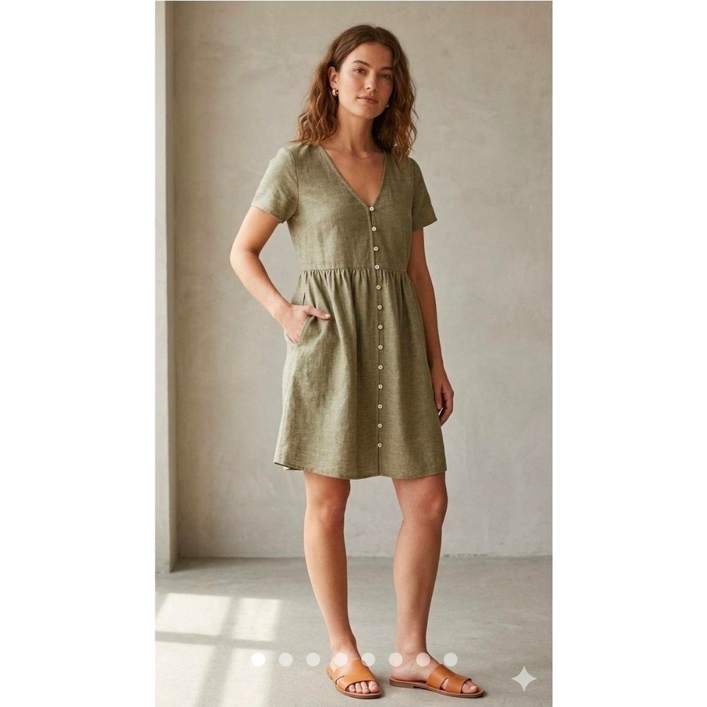 Madewell Women Large Button Front Dress Green Linen Blend Summer Casual Boho